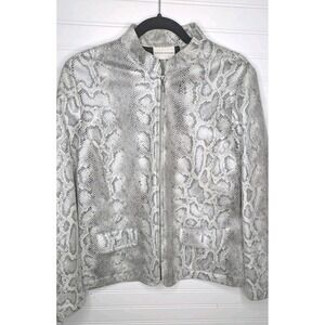 Alfred Dunner Womens Jacket 12 Snake Skin Silver‎ Full Zip Gray White Statement